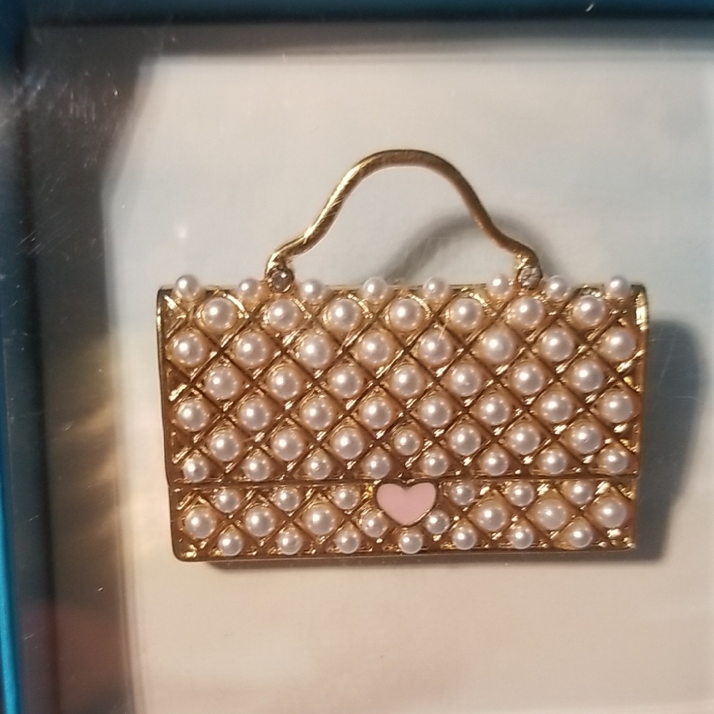 Gold Pearl Quilted Mini Handbag Pin with Pink Heart Accent Costume Jewelry